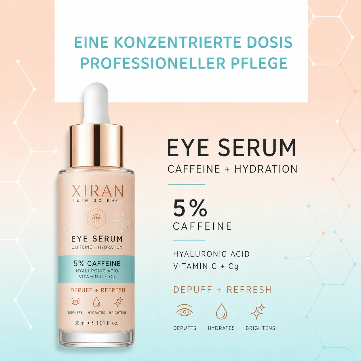 Xiran Skin Science eye serum bottle featuring 5% caffeine, hyaluronic acid, Vitamin C + Cg for depuffing, hydration, and brightening.